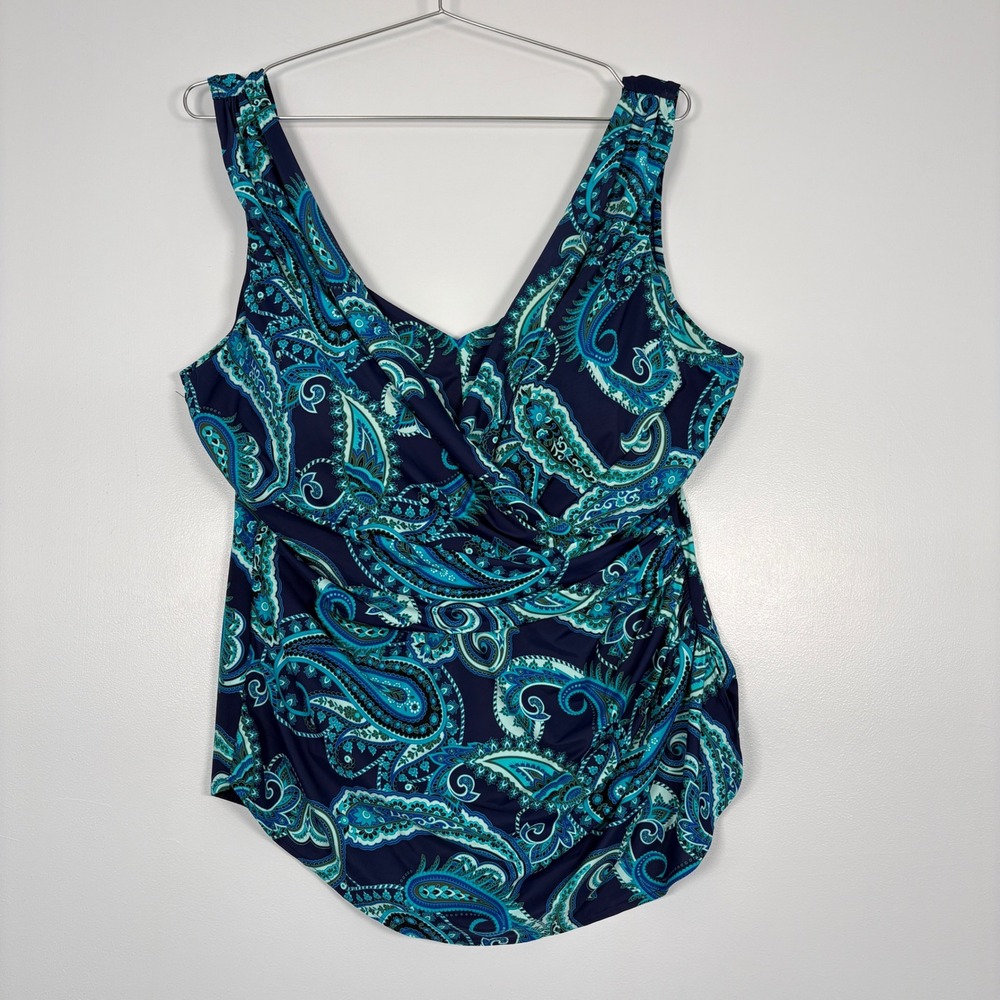 Lands' End Women One Piece Swim Dress 22W‎ DDD Blue Paisley Surplice Shirred